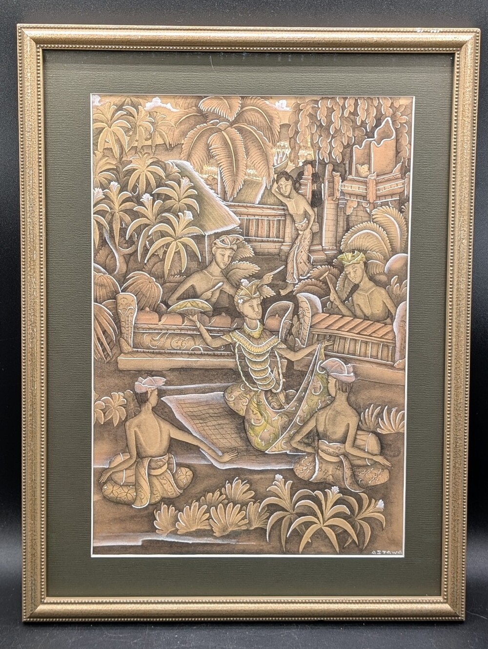 Original Indonesian Balinese Sepia Tone Gouache Painting, Signed ASTAWA, Framed